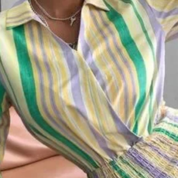 Zara Mini Dress Shirred Skirt Pastel Stripe Long Sleeve Cotton Mini Dress Large - Picture 8 of 15